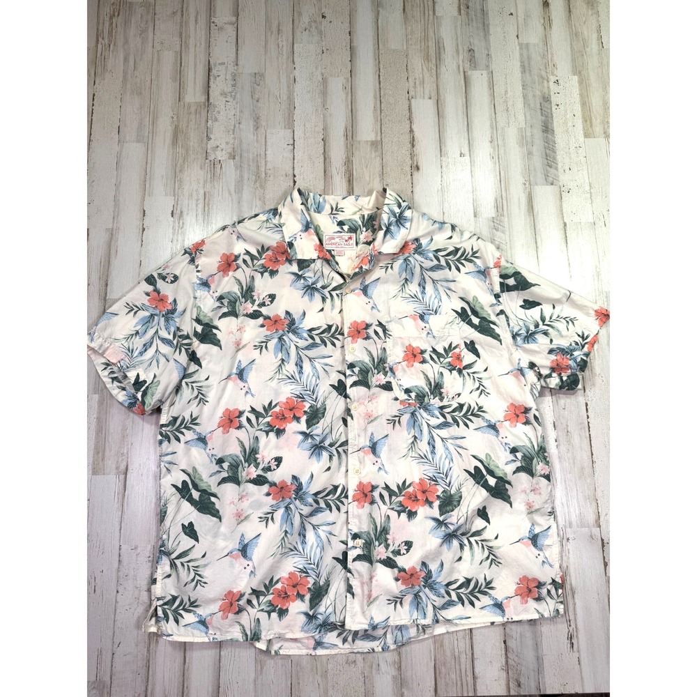 American Eagle Hawaiian Shirt Men XXL White Tropical Hummingbird Button Up Short